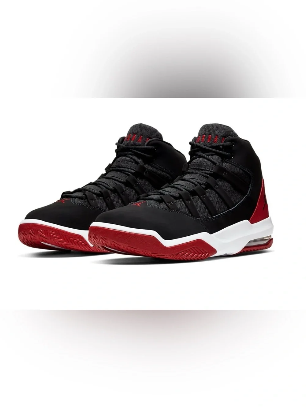 New in Box Jordan Max Aura Black and Gym Red Sneakers, Size 12